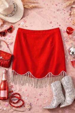 Red Mini Skirt with Crystal Fringe
